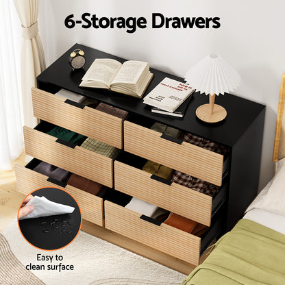 Artiss 6-Drawer Fluted Lowboy | Black and Pine