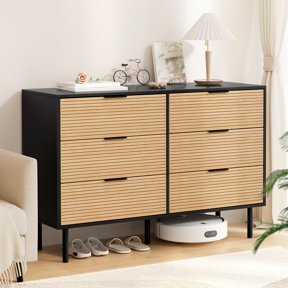 Artiss 6-Drawer Fluted Lowboy | Black and Pine