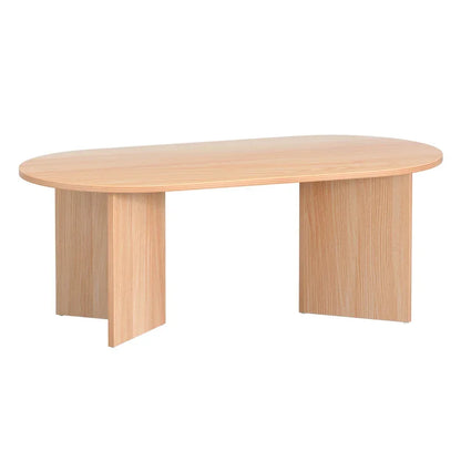 Oval wooden coffee table with light wood finish and modern panel legs