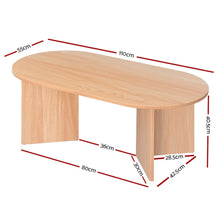 Oval light wood coffee table with dimensions labeled, modern minimalist design