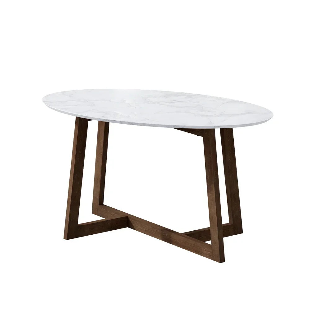 Oval coffee table with white marble top and brown wooden base