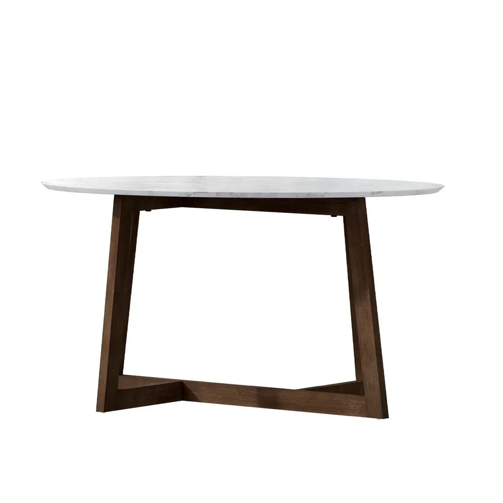 Round dining table with white marble top and wooden trestle base, modern minimalist design