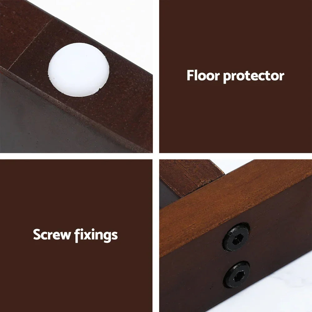 Close-up of wooden furniture leg with floor protector pad and visible screw fixings.