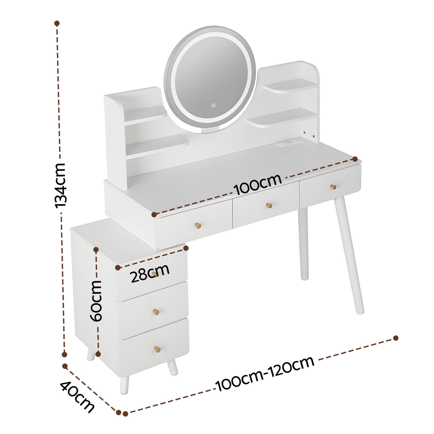 White vanity table with LED mirror, drawers, and shelves, dimensions shown for home use
