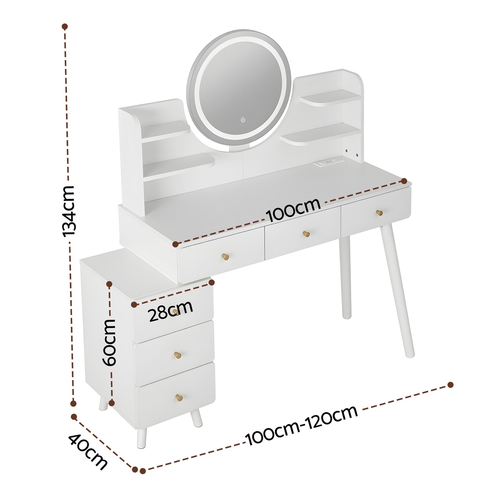 White vanity table with LED mirror, drawers, and shelves, dimensions shown for home use