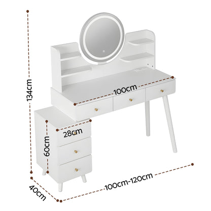 White vanity table with LED mirror, drawers, and shelves, dimensions shown for home use