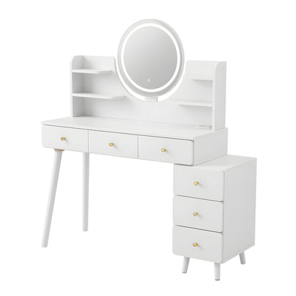 White vanity table with LED mirror, shelves, and drawers for bedroom makeup storage