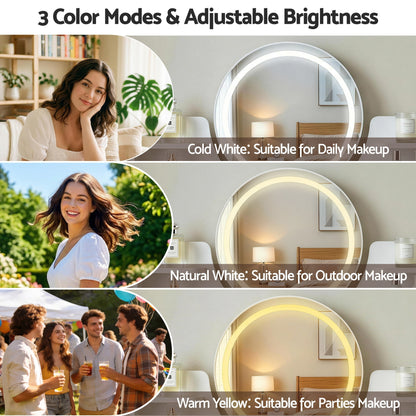 LED vanity mirror with 3 color modes & adjustable brightness for daily, outdoor & party makeup