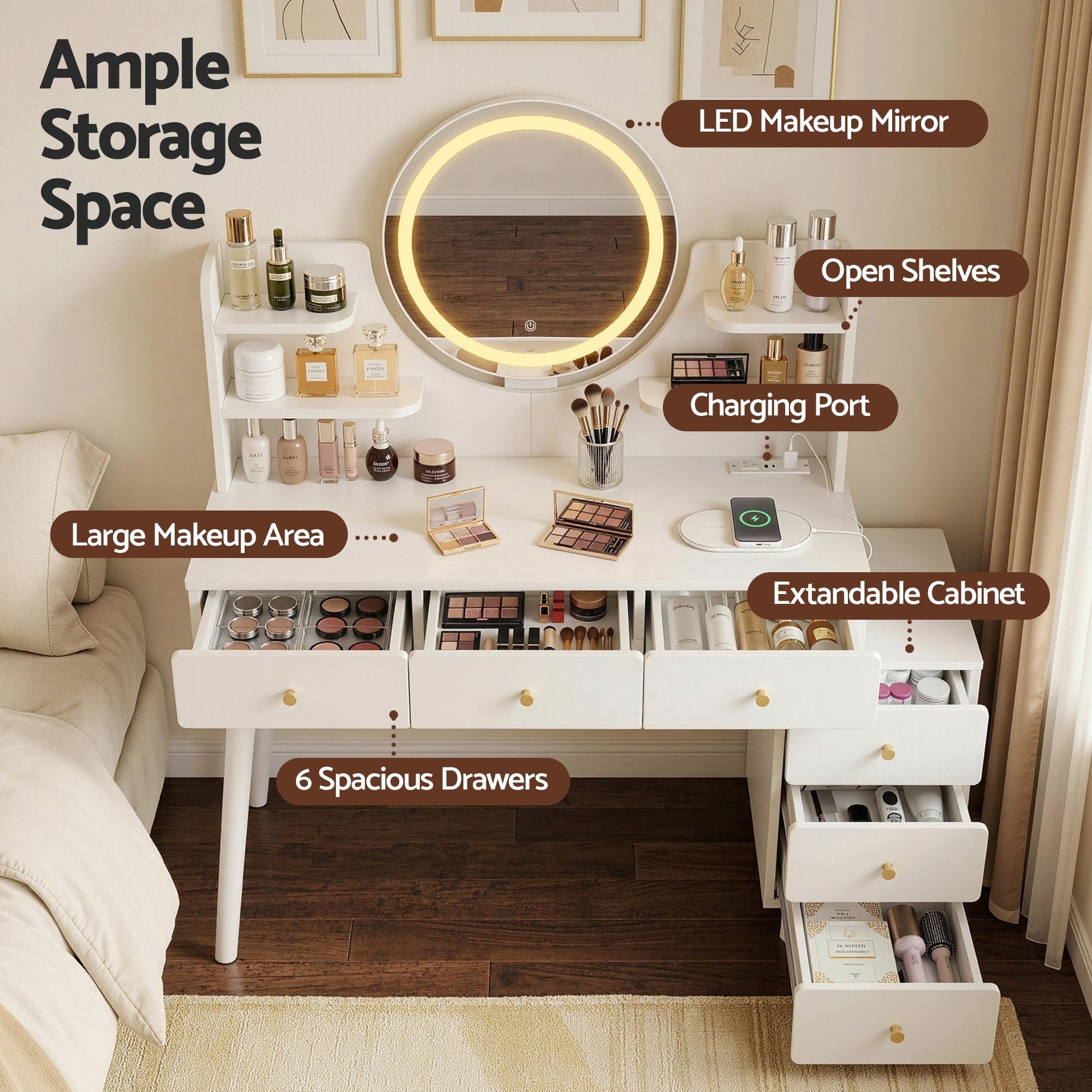 White vanity with LED mirror, 6 drawers, open shelves, and charging port for makeup storage