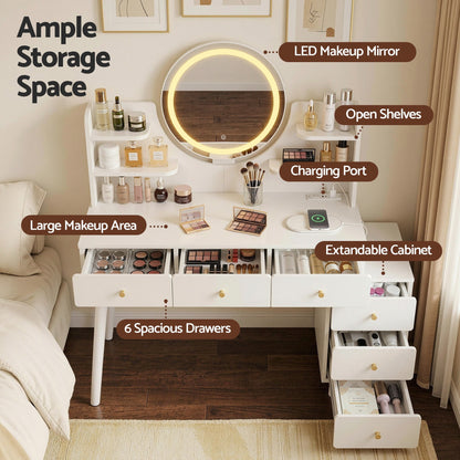 White vanity with LED mirror, 6 drawers, open shelves, and charging port for makeup storage