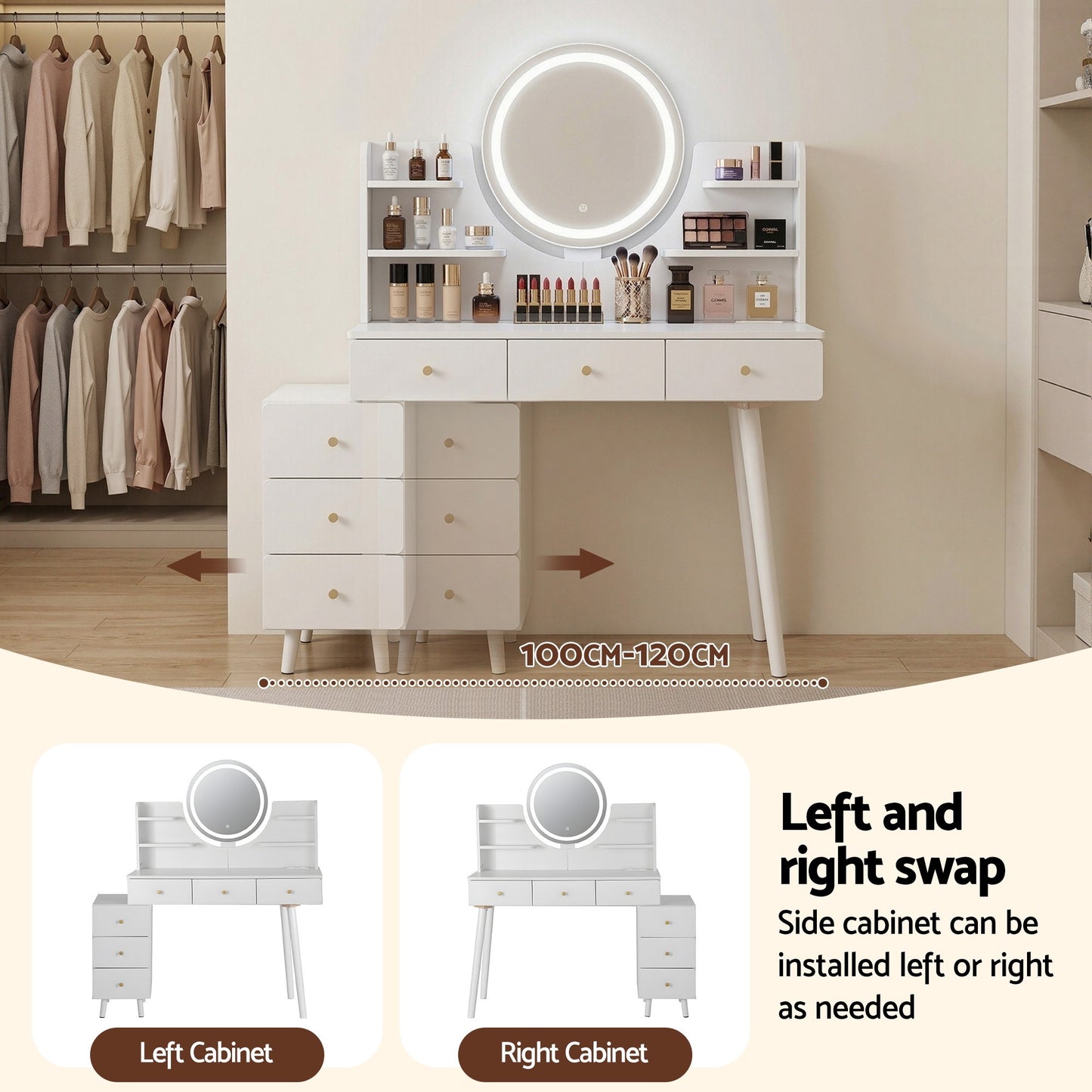 White vanity table with LED mirror, adjustable side cabinet, and storage drawers for makeup and beauty essentials