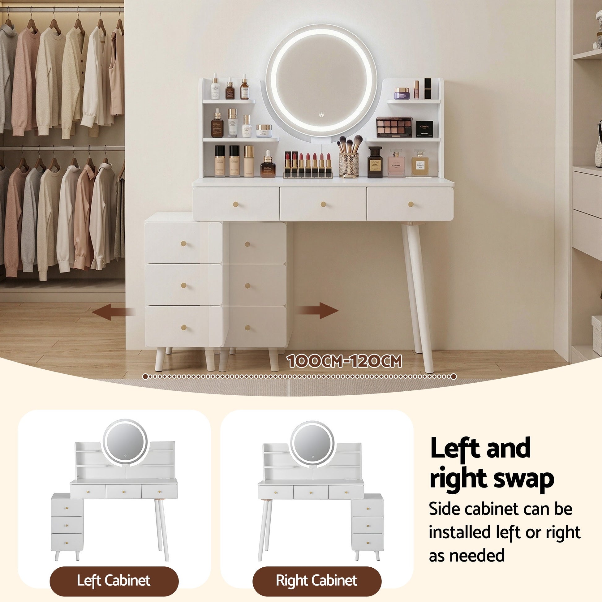 White vanity table with LED mirror, adjustable side cabinet, and storage drawers for makeup and beauty essentials