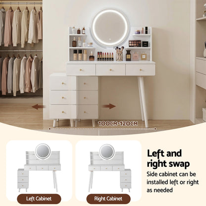 White vanity table with LED mirror, adjustable side cabinet, and storage drawers for makeup and beauty essentials