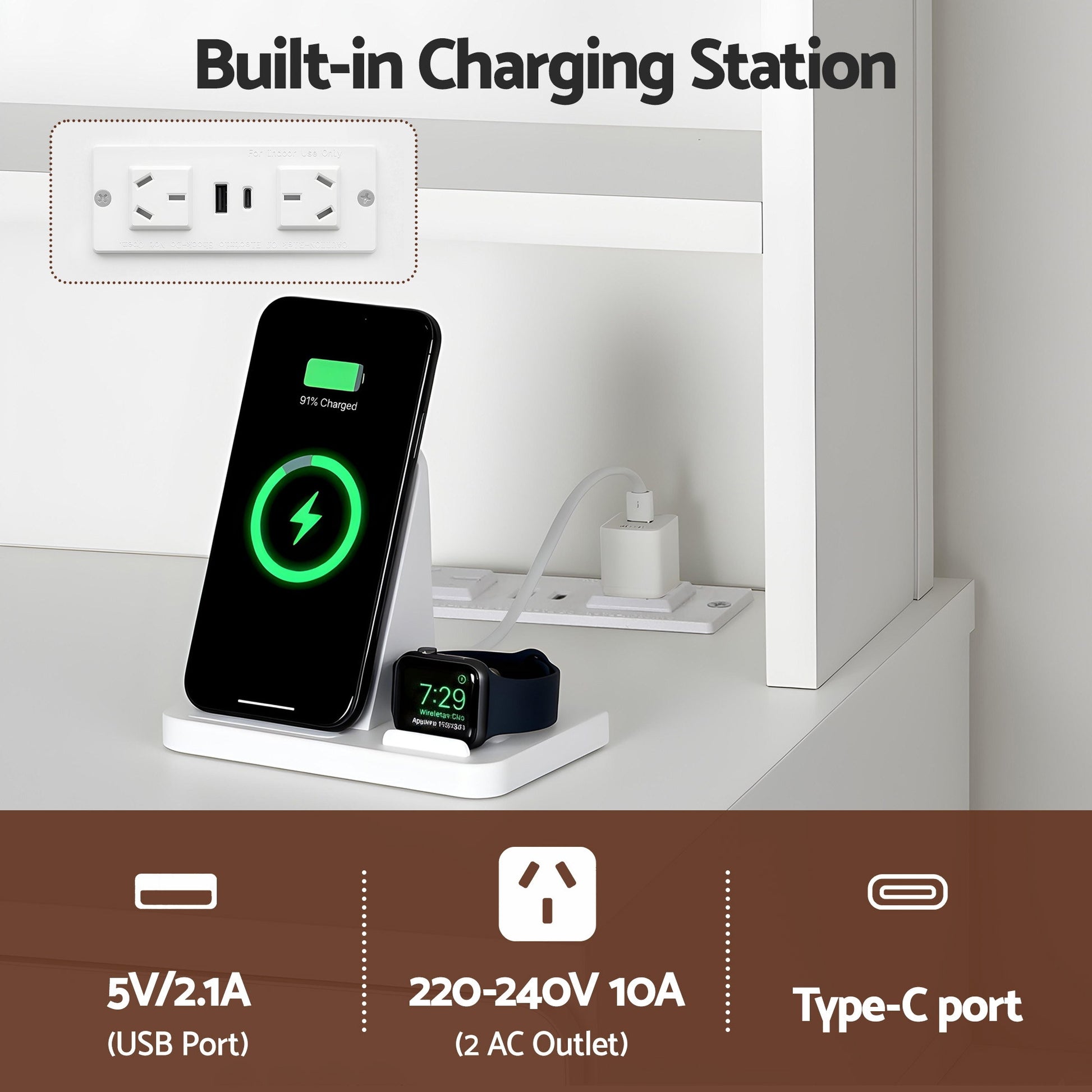 White charging station with phone & smartwatch, USB port, Type-C, and AC outlets for home or office use