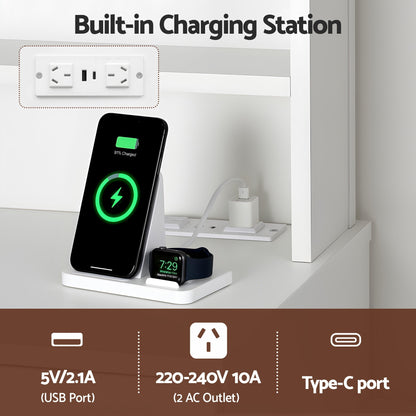 White charging station with phone & smartwatch, USB port, Type-C, and AC outlets for home or office use
