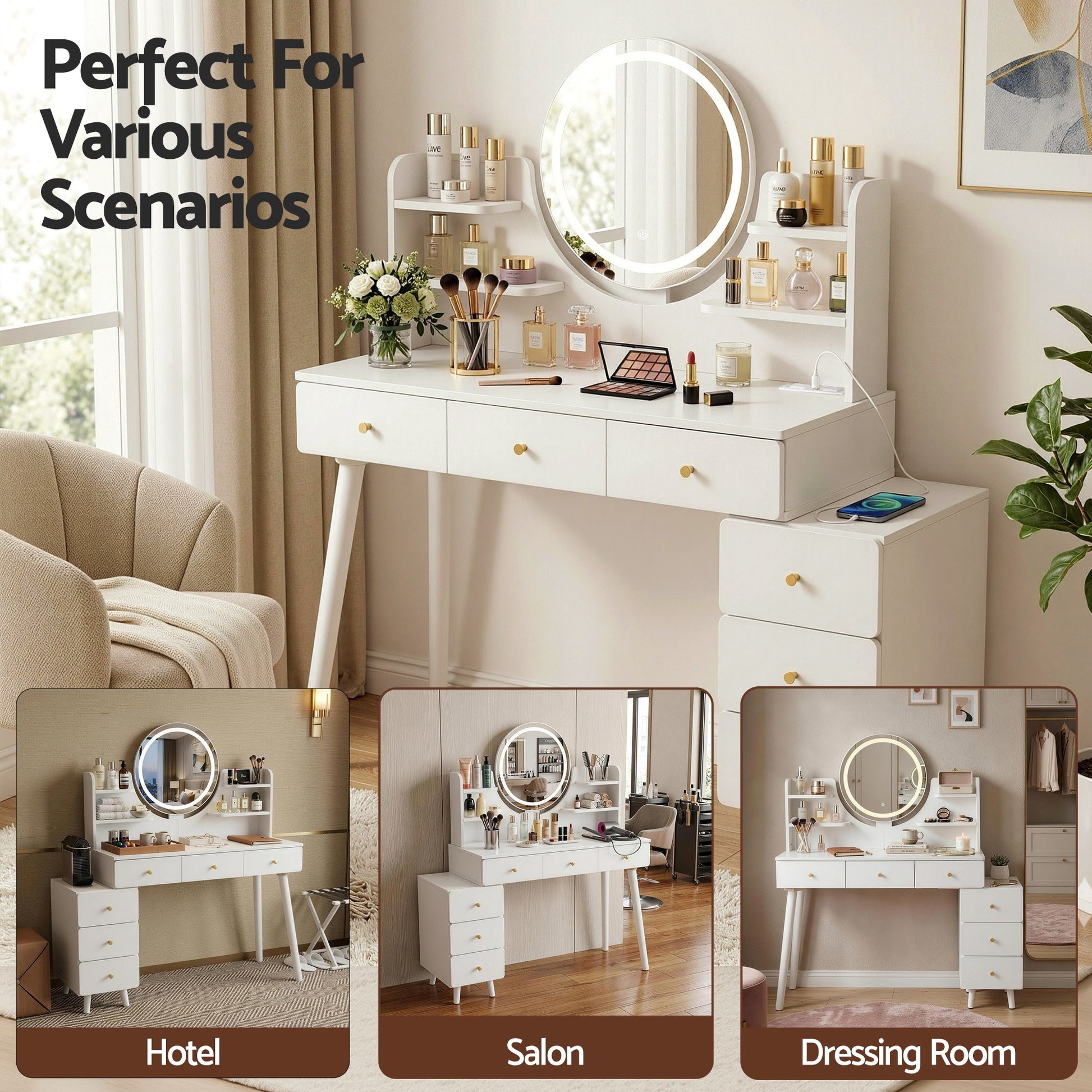 White vanity table with LED mirror, drawers, and shelves for hotel, salon, or dressing room use