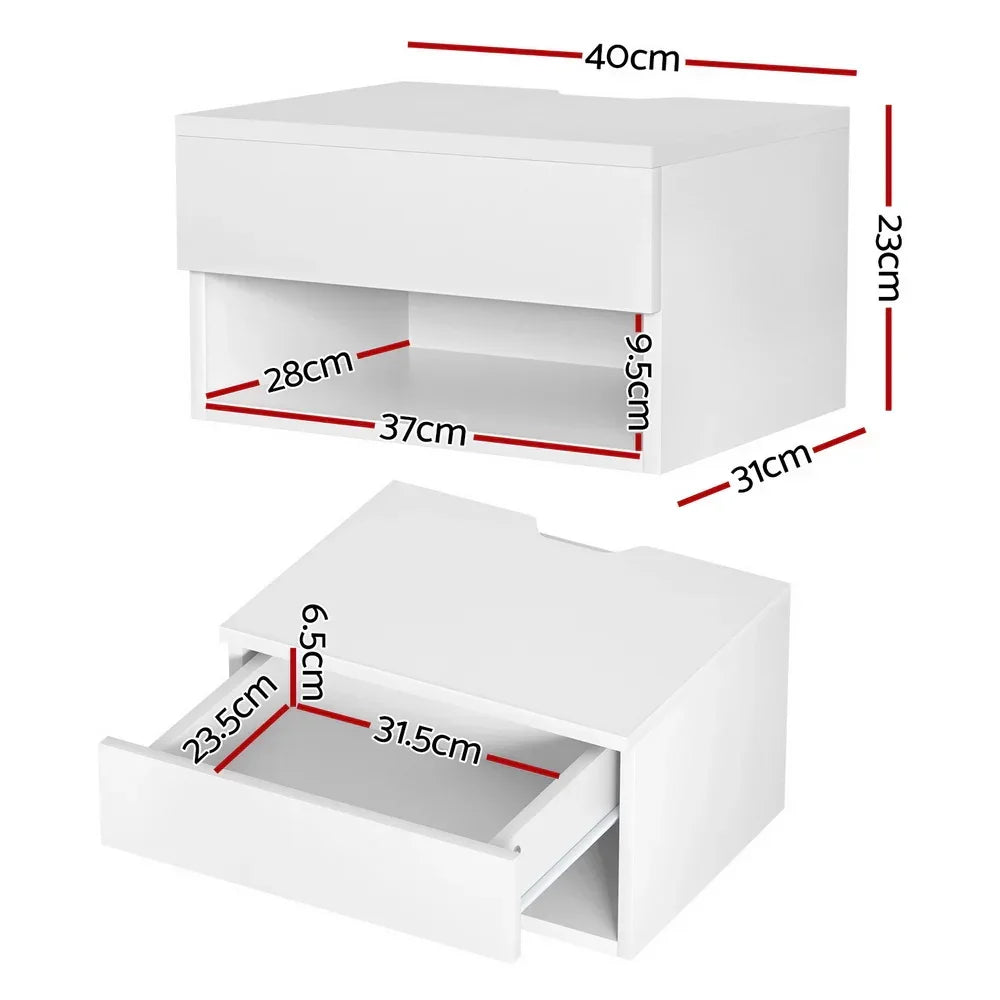 White floating bedside table with drawer and open shelf, dimensions labeled in centimeters