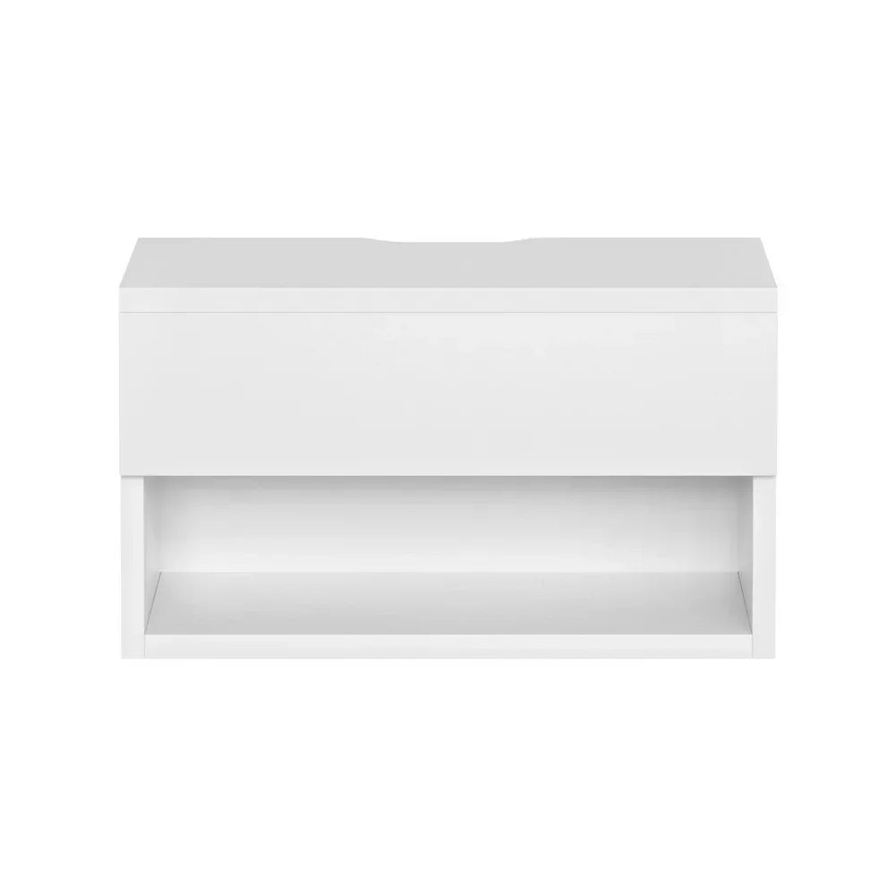 Modern white floating bathroom vanity with drawer and open shelf, minimalist design