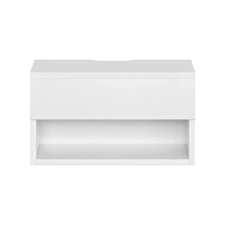 Modern white floating bathroom vanity with drawer and open shelf, minimalist design