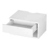 Modern white floating bedside table with open drawer and shelf, minimalist design