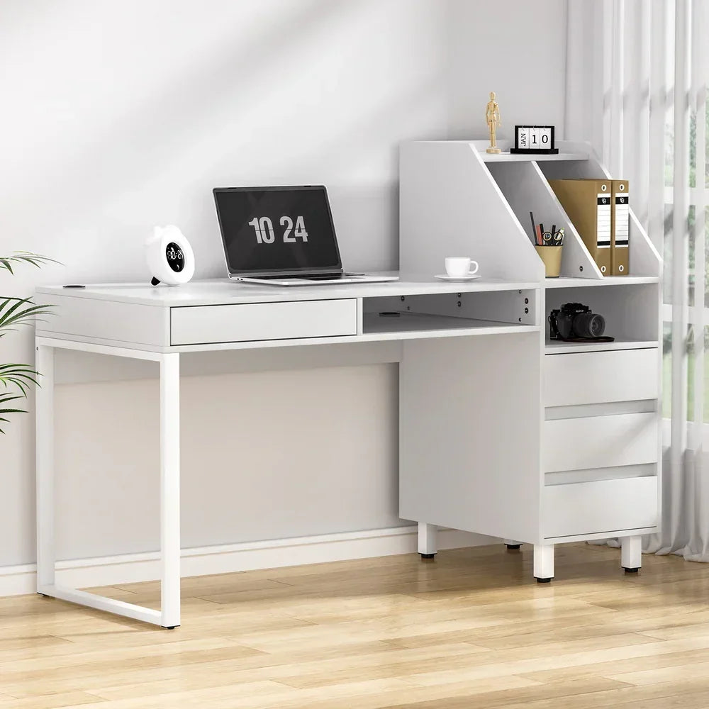 Modern white office desk with shelves, drawers, and laptop in a bright home workspace