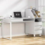 Modern white office desk with shelves, drawers, and laptop in a bright home workspace