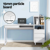 White office desk with storage shelves, drawers, and safe edges in modern room