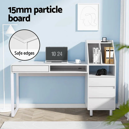 White office desk with storage shelves, drawers, and safe edges in modern room