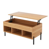 Lift-top coffee table with wood finish, black metal legs, and open storage shelves