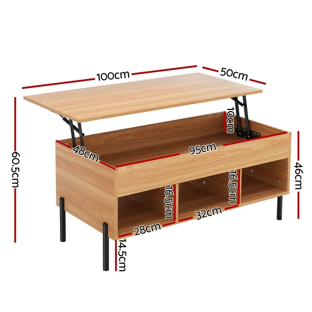 Lift top wooden coffee table with storage compartments and measurements labeled in centimeters.