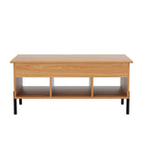 Wooden coffee table with black legs and three open storage compartments