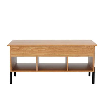 Wooden coffee table with black legs and three open storage compartments