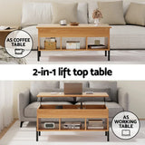 Modern wooden 2-in-1 lift top coffee table with storage, shown as coffee and working table in living room.