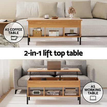 Modern wooden 2-in-1 lift top coffee table with storage, shown as coffee and working table in living room.
