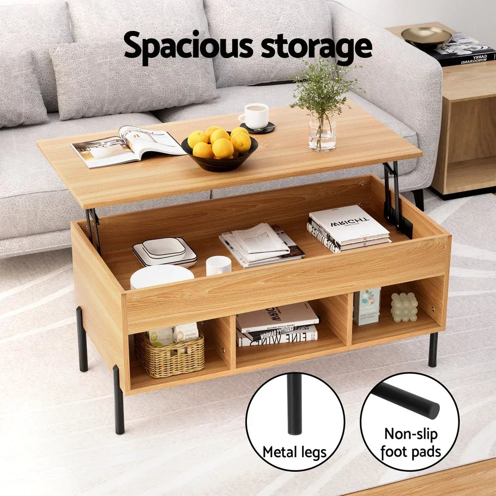Lift-top coffee table with spacious storage, metal legs, and non-slip foot pads in living room.