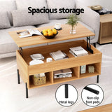 Lift-top coffee table with spacious storage, metal legs, and non-slip foot pads in living room.