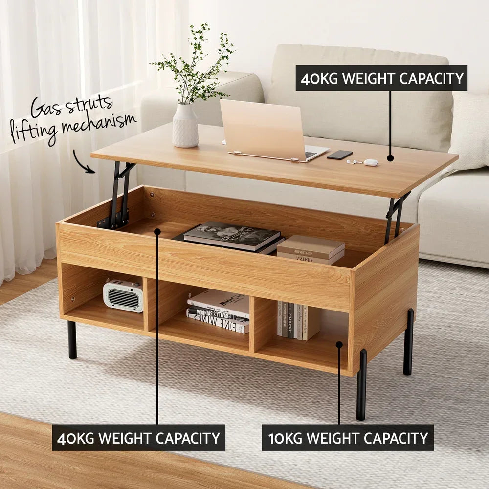 Wooden lift-top coffee table with storage shelves and gas struts, modern living room furniture