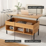Wooden lift-top coffee table with storage shelves and gas struts, modern living room furniture