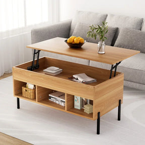 Wooden lift-top coffee table with storage shelves in a modern living room setting