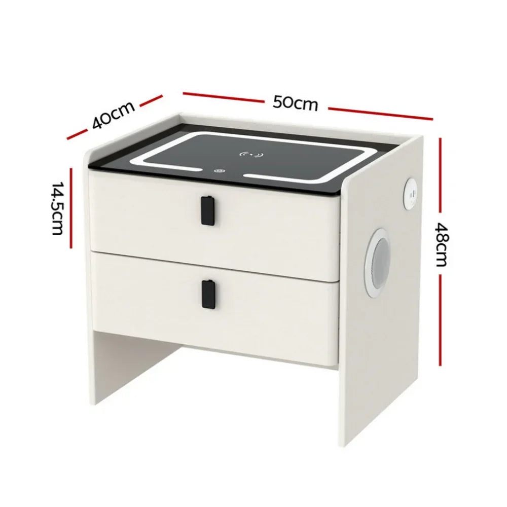 White two-drawer bedside table with LED top, wireless charging, speaker, and size dimensions
