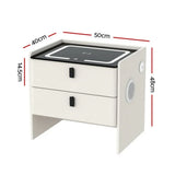 White two-drawer bedside table with LED top, wireless charging, speaker, and size dimensions
