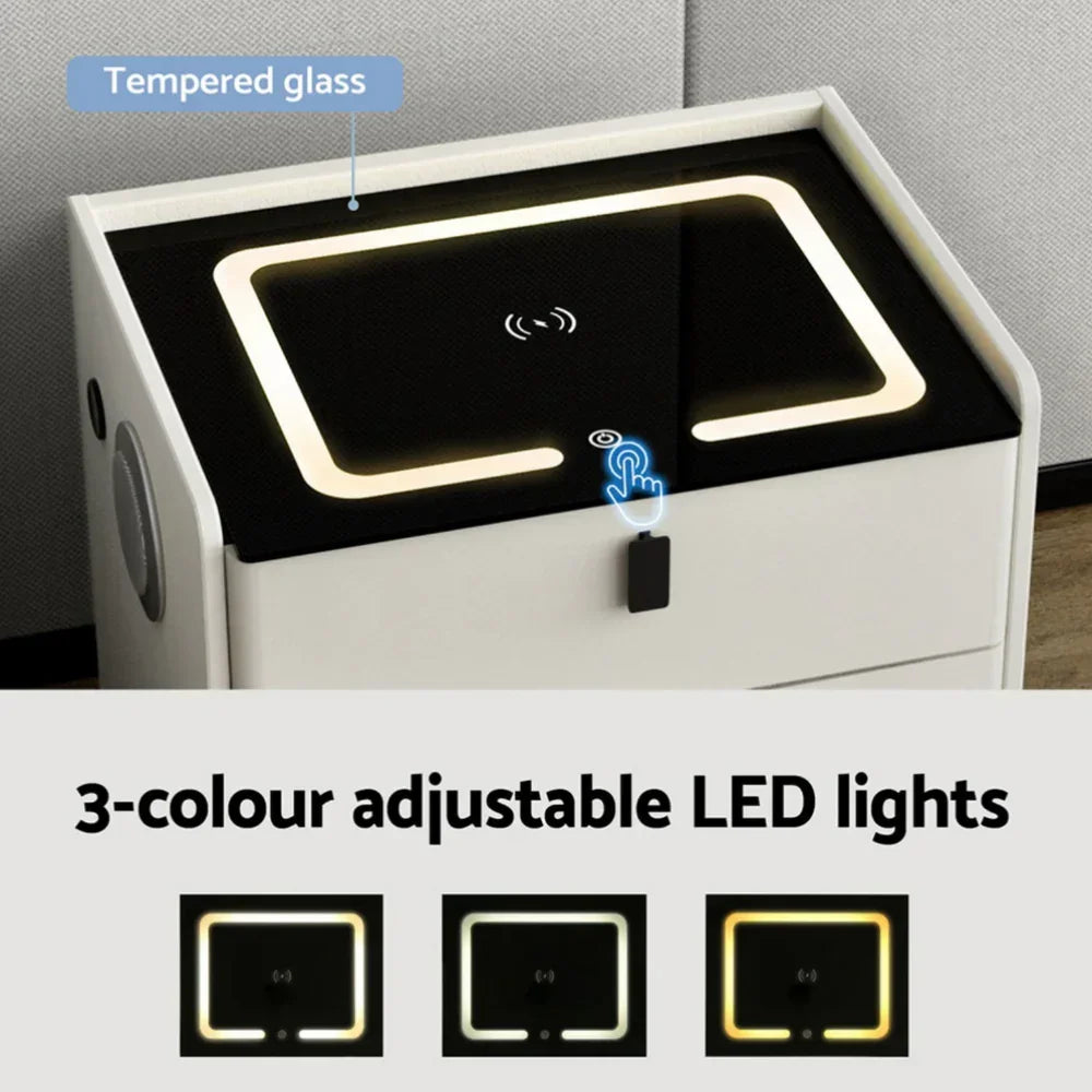 White bedside table with tempered glass top, touch control, and 3-colour adjustable LED lights