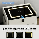 White bedside table with tempered glass top, touch control, and 3-colour adjustable LED lights