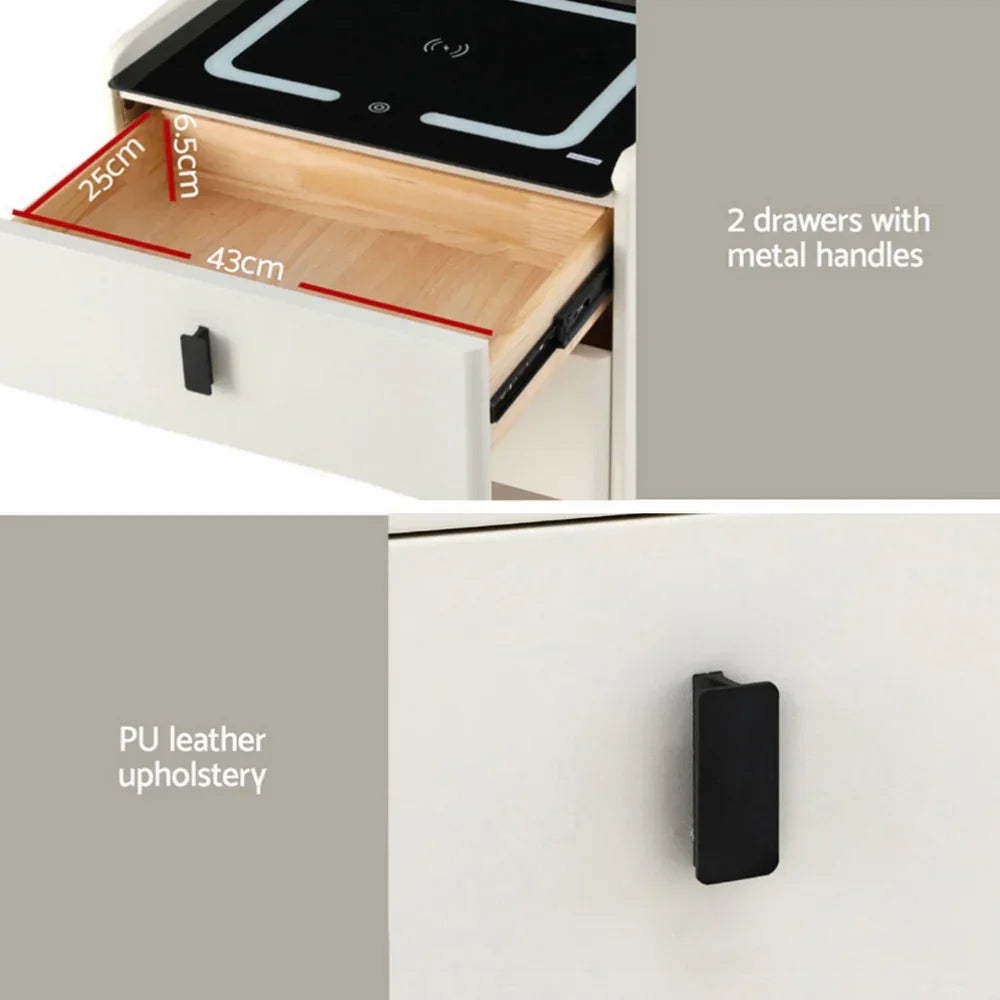 White nightstand with open drawer, PU leather finish, metal handle, inner drawer dimensions labeled.