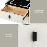 White nightstand with open drawer, PU leather finish, metal handle, inner drawer dimensions labeled.