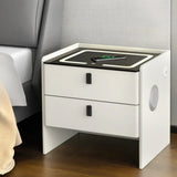 Modern white bedside table with two drawers, LED top, and wireless phone charging