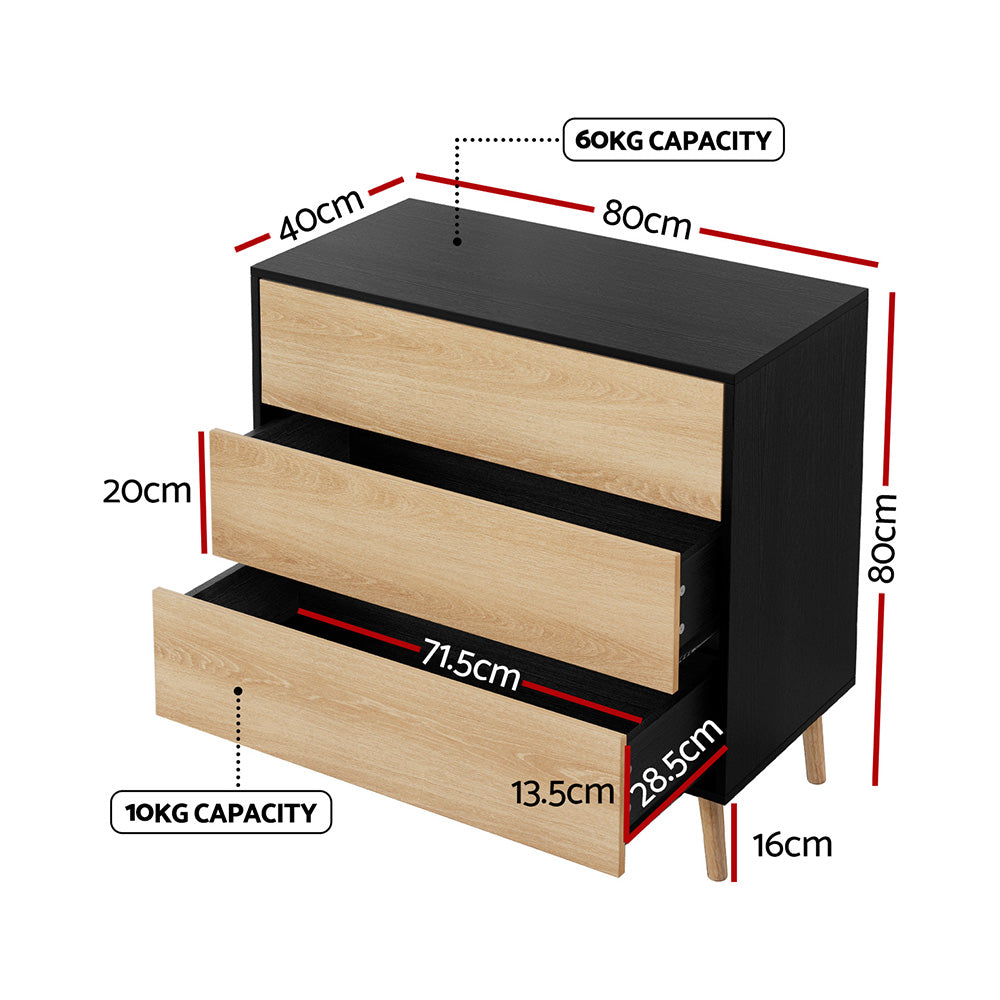 Artiss 3-Drawer Push-to-Open Lowboy | Black and Pine