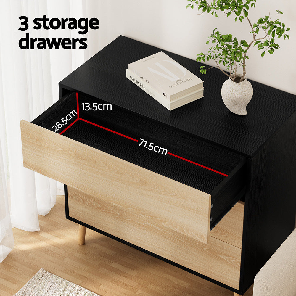 Artiss 3-Drawer Push-to-Open Lowboy | Black and Pine