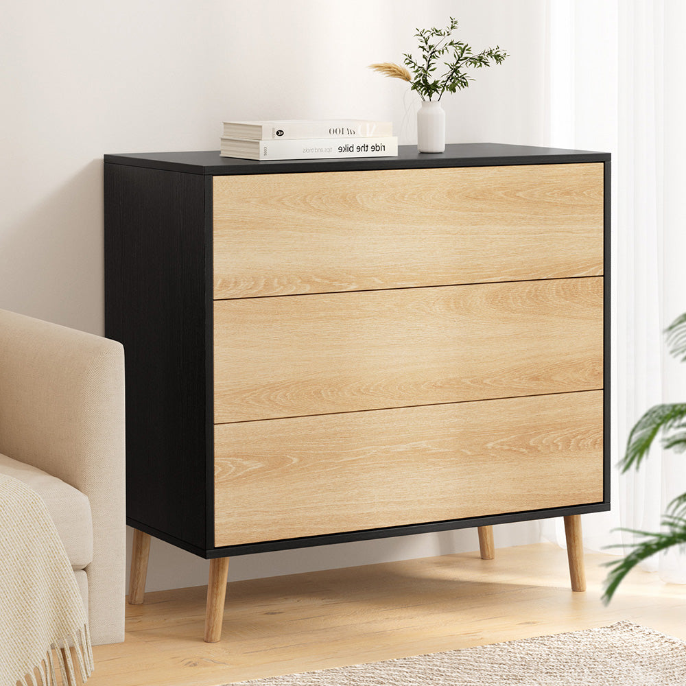 Artiss 3-Drawer Push-to-Open Lowboy | Black and Pine