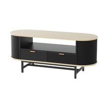Modern black and wood TV stand with open shelf and two ribbed drawers on metal legs